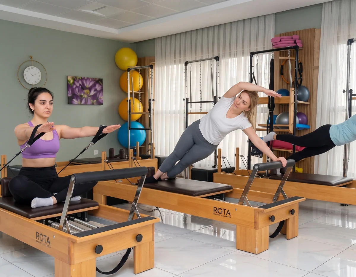 Osmaniye Pilates stüdyosunda reformer üzerinde grup çalışması